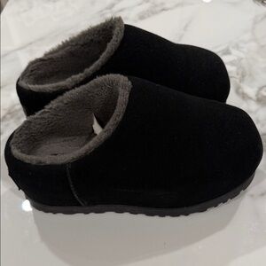 UGG Black Suede Slippers with Gray Fur Lining